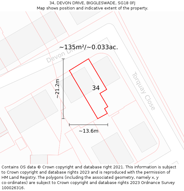 34, DEVON DRIVE, BIGGLESWADE, SG18 0FJ: Plot and title map