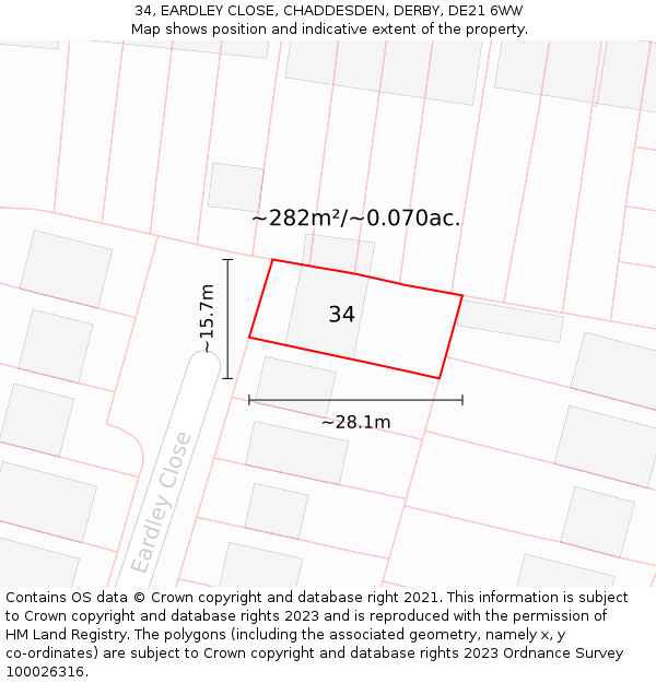 34, EARDLEY CLOSE, CHADDESDEN, DERBY, DE21 6WW: Plot and title map