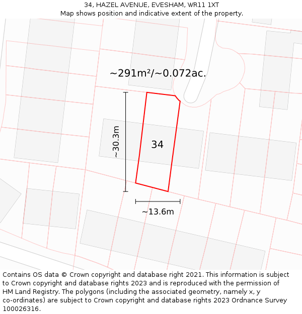 34, HAZEL AVENUE, EVESHAM, WR11 1XT: Plot and title map