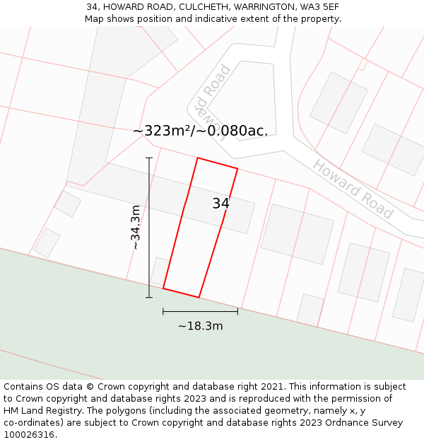 34, HOWARD ROAD, CULCHETH, WARRINGTON, WA3 5EF: Plot and title map