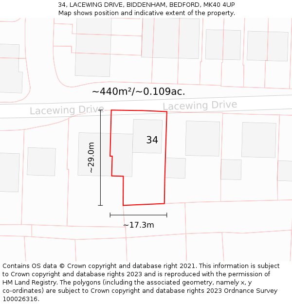 34, LACEWING DRIVE, BIDDENHAM, BEDFORD, MK40 4UP: Plot and title map