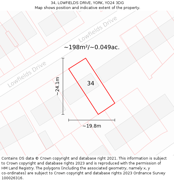 34, LOWFIELDS DRIVE, YORK, YO24 3DG: Plot and title map