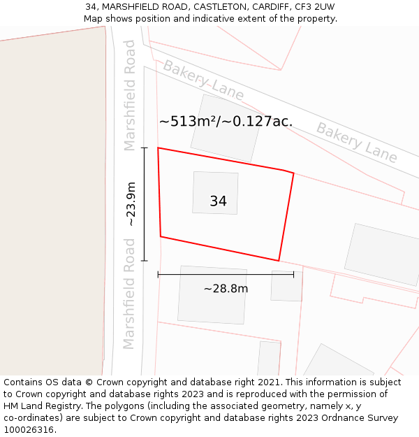 34, MARSHFIELD ROAD, CASTLETON, CARDIFF, CF3 2UW: Plot and title map