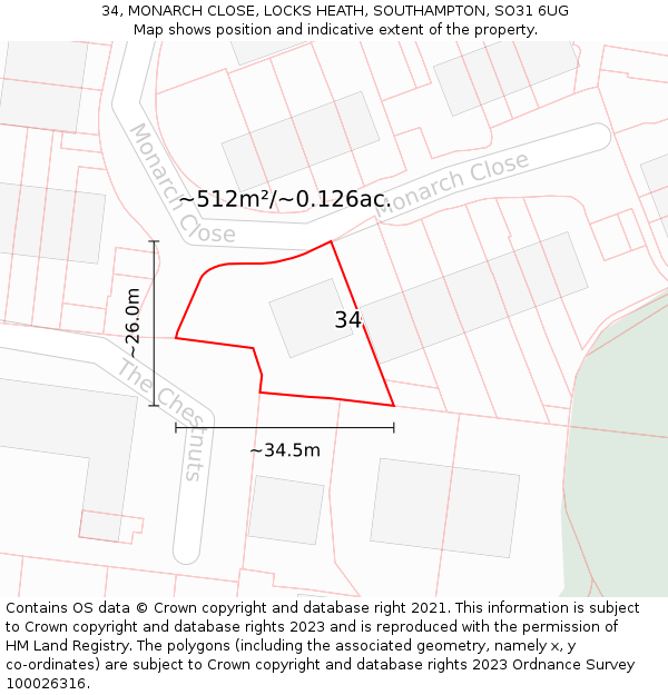 34, MONARCH CLOSE, LOCKS HEATH, SOUTHAMPTON, SO31 6UG: Plot and title map