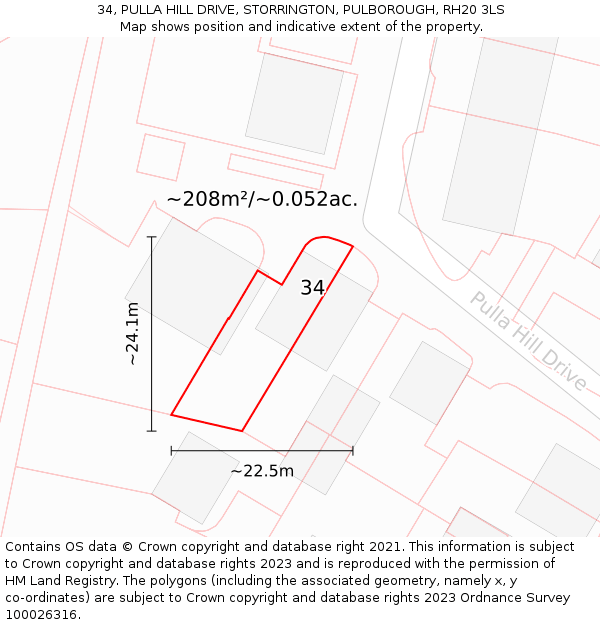 34, PULLA HILL DRIVE, STORRINGTON, PULBOROUGH, RH20 3LS: Plot and title map