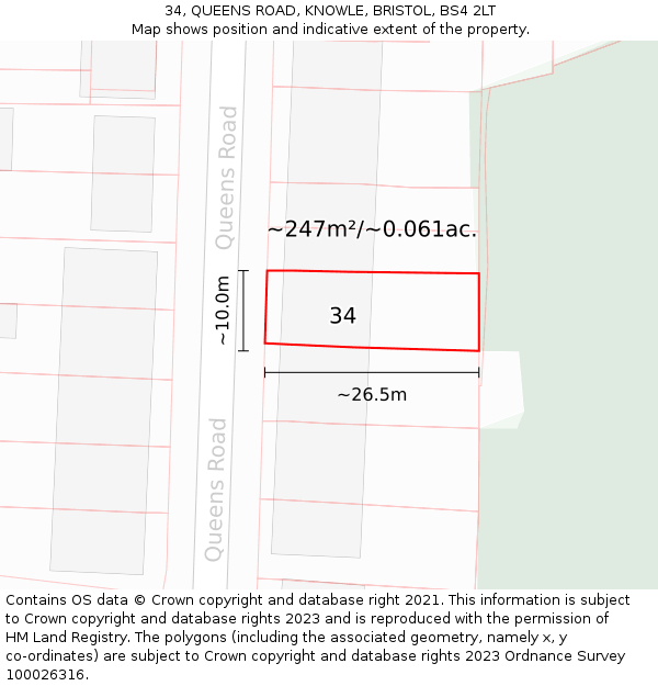 34, QUEENS ROAD, KNOWLE, BRISTOL, BS4 2LT: Plot and title map
