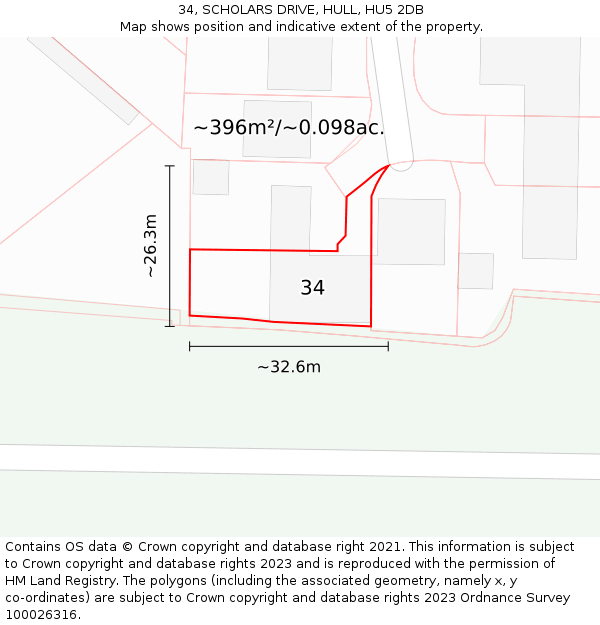 34, SCHOLARS DRIVE, HULL, HU5 2DB: Plot and title map