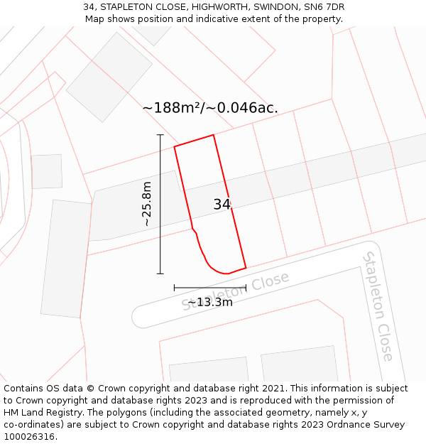 34, STAPLETON CLOSE, HIGHWORTH, SWINDON, SN6 7DR: Plot and title map