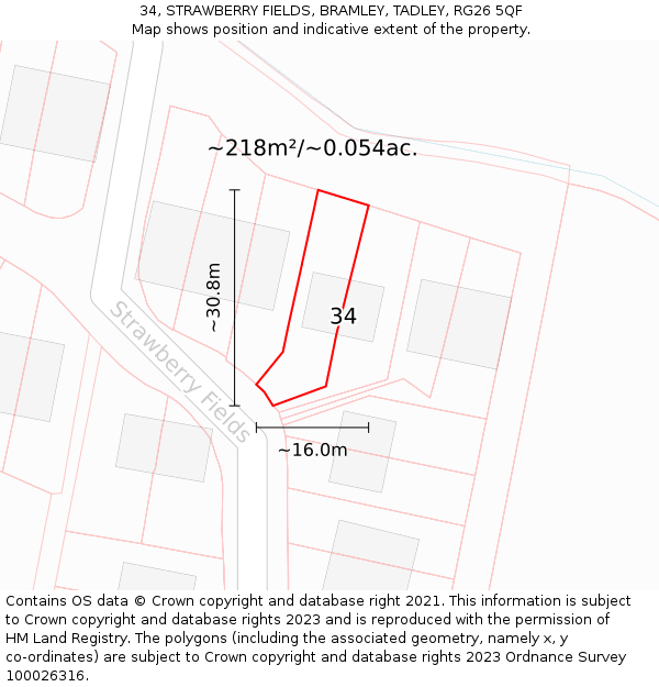 34, STRAWBERRY FIELDS, BRAMLEY, TADLEY, RG26 5QF: Plot and title map