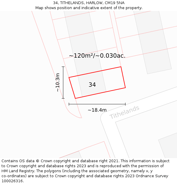 34, TITHELANDS, HARLOW, CM19 5NA: Plot and title map