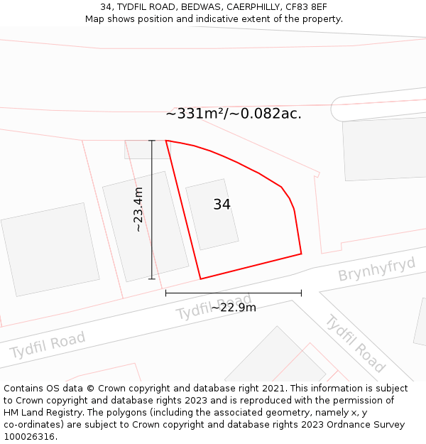 34, TYDFIL ROAD, BEDWAS, CAERPHILLY, CF83 8EF: Plot and title map
