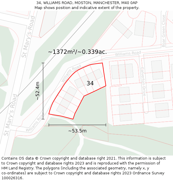 34, WILLIAMS ROAD, MOSTON, MANCHESTER, M40 0AP: Plot and title map