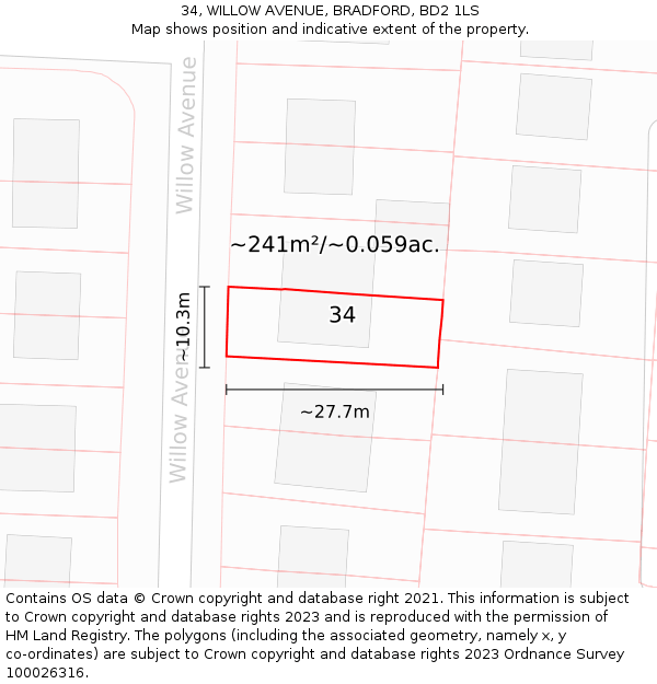 34, WILLOW AVENUE, BRADFORD, BD2 1LS: Plot and title map