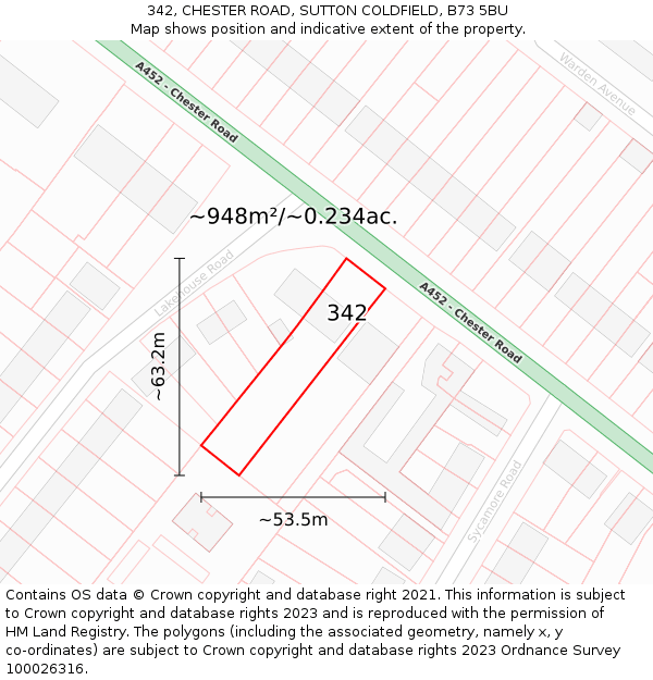 342, CHESTER ROAD, SUTTON COLDFIELD, B73 5BU: Plot and title map