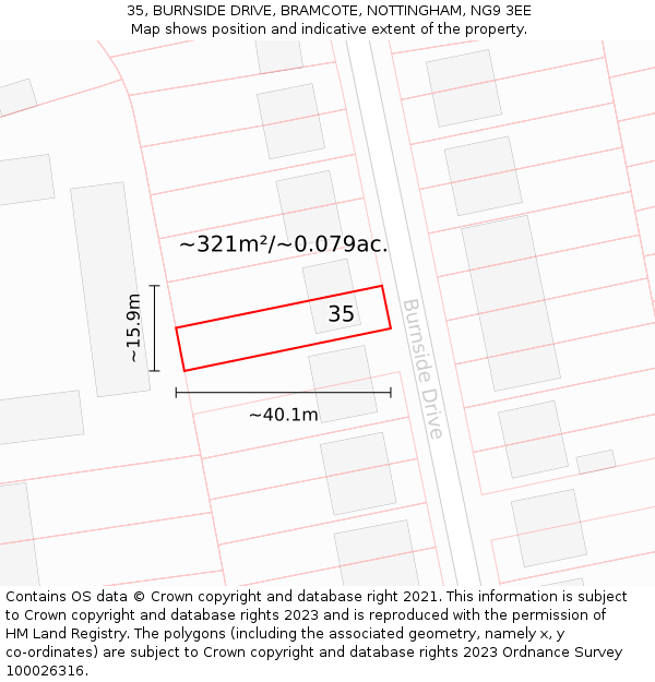 35, BURNSIDE DRIVE, BRAMCOTE, NOTTINGHAM, NG9 3EE: Plot and title map