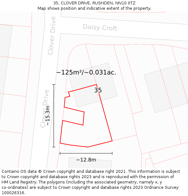 35, CLOVER DRIVE, RUSHDEN, NN10 0TZ: Plot and title map