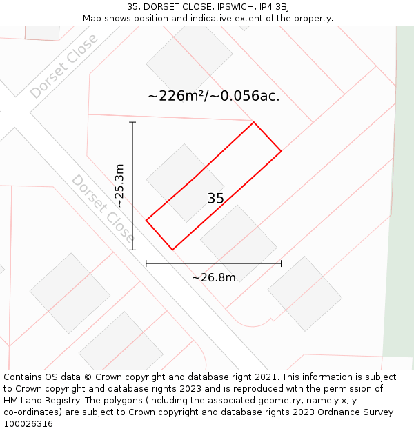 35, DORSET CLOSE, IPSWICH, IP4 3BJ: Plot and title map