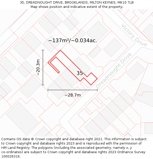 35, DREADNOUGHT DRIVE, BROOKLANDS, MILTON KEYNES, MK10 7LB: Plot and title map