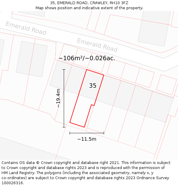35, EMERALD ROAD, CRAWLEY, RH10 3FZ: Plot and title map