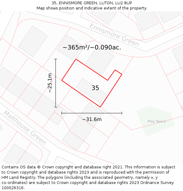35, ENNISMORE GREEN, LUTON, LU2 8UP: Plot and title map