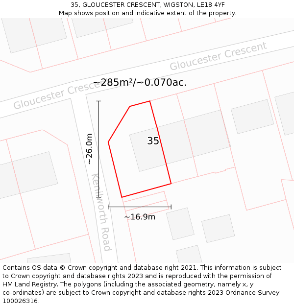 35, GLOUCESTER CRESCENT, WIGSTON, LE18 4YF: Plot and title map