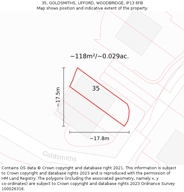 35, GOLDSMITHS, UFFORD, WOODBRIDGE, IP13 6FB: Plot and title map