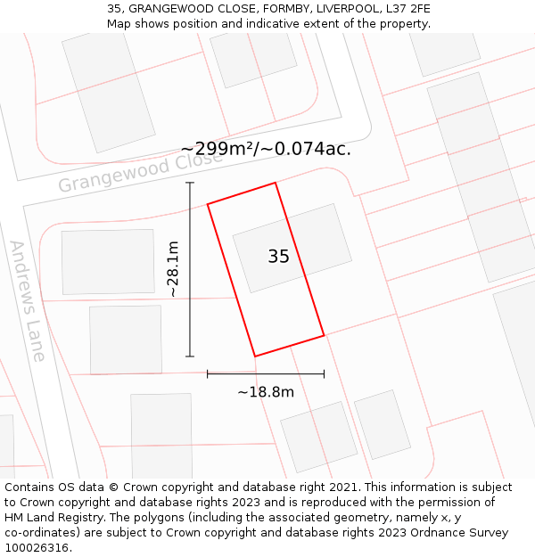 35, GRANGEWOOD CLOSE, FORMBY, LIVERPOOL, L37 2FE: Plot and title map