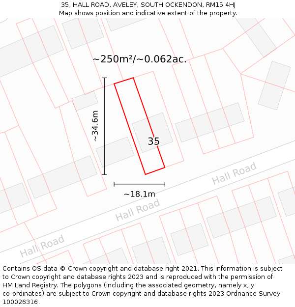35, HALL ROAD, AVELEY, SOUTH OCKENDON, RM15 4HJ: Plot and title map