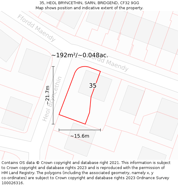 35, HEOL BRYNCETHIN, SARN, BRIDGEND, CF32 9GG: Plot and title map
