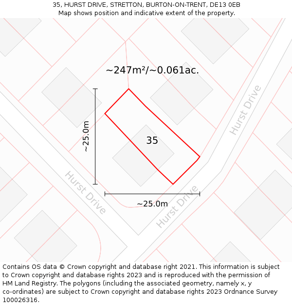 35, HURST DRIVE, STRETTON, BURTON-ON-TRENT, DE13 0EB: Plot and title map