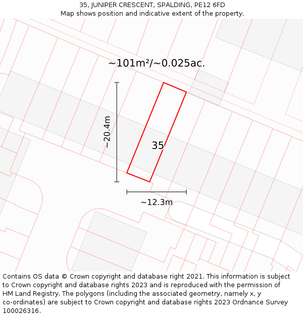 35, JUNIPER CRESCENT, SPALDING, PE12 6FD: Plot and title map