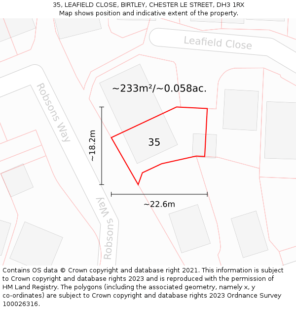 35, LEAFIELD CLOSE, BIRTLEY, CHESTER LE STREET, DH3 1RX: Plot and title map