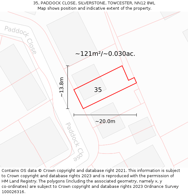 35, PADDOCK CLOSE, SILVERSTONE, TOWCESTER, NN12 8WL: Plot and title map