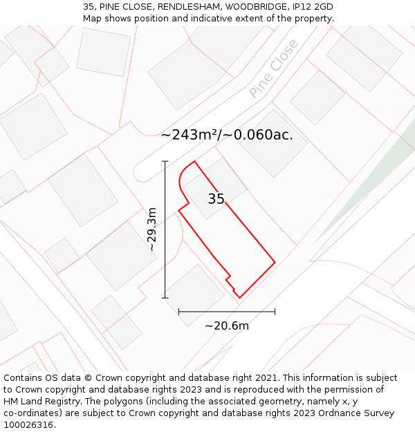 35, PINE CLOSE, RENDLESHAM, WOODBRIDGE, IP12 2GD: Plot and title map