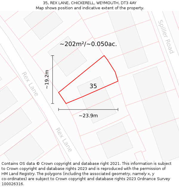 35, REX LANE, CHICKERELL, WEYMOUTH, DT3 4AY: Plot and title map