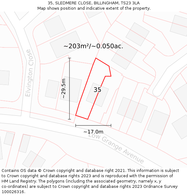 35, SLEDMERE CLOSE, BILLINGHAM, TS23 3LA: Plot and title map