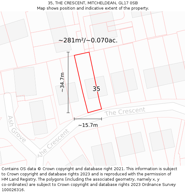 35, THE CRESCENT, MITCHELDEAN, GL17 0SB: Plot and title map