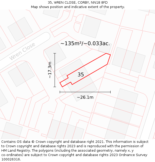 35, WREN CLOSE, CORBY, NN18 8FD: Plot and title map