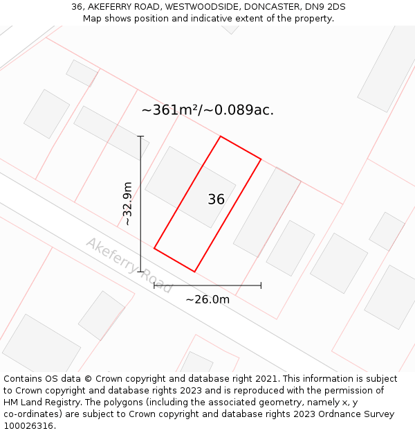 36, AKEFERRY ROAD, WESTWOODSIDE, DONCASTER, DN9 2DS: Plot and title map