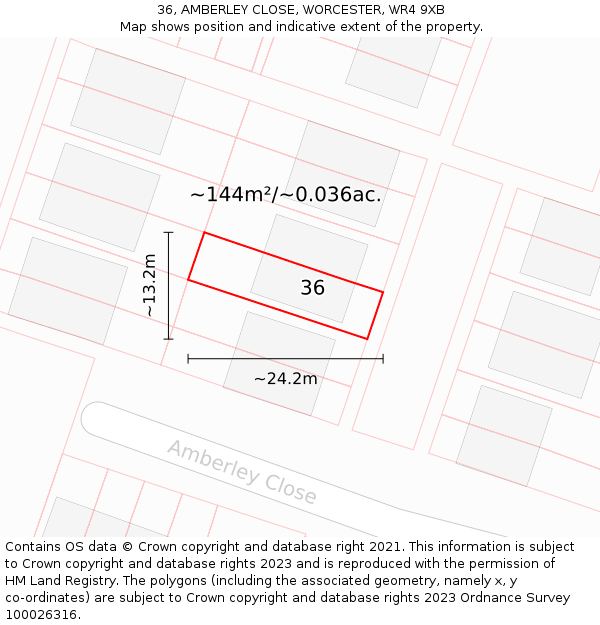 36, AMBERLEY CLOSE, WORCESTER, WR4 9XB: Plot and title map