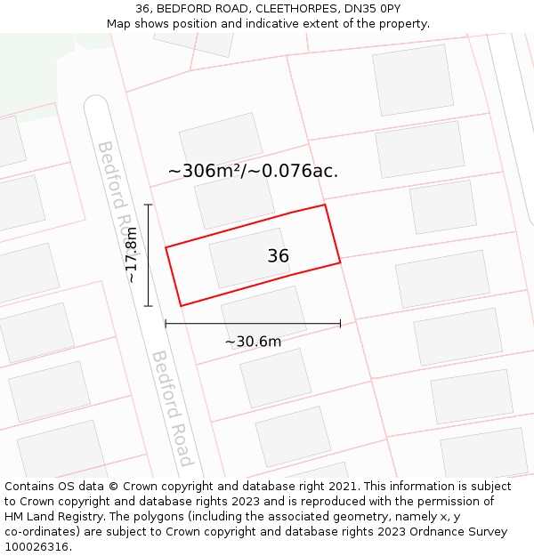 36, BEDFORD ROAD, CLEETHORPES, DN35 0PY: Plot and title map