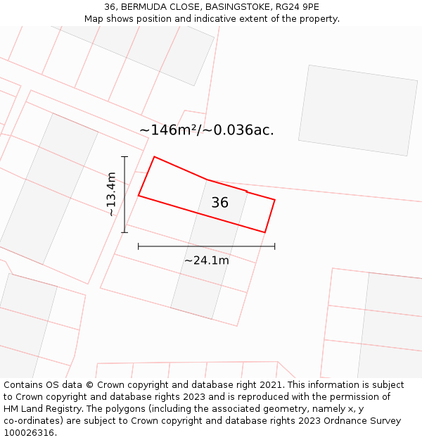 36, BERMUDA CLOSE, BASINGSTOKE, RG24 9PE: Plot and title map