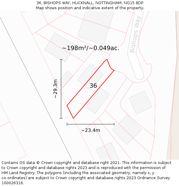 36, BISHOPS WAY, HUCKNALL, NOTTINGHAM, NG15 8DP: Plot and title map