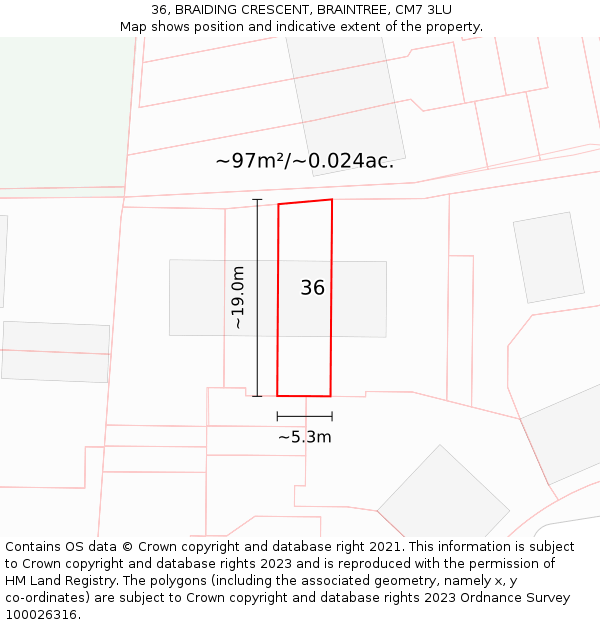 36, BRAIDING CRESCENT, BRAINTREE, CM7 3LU: Plot and title map