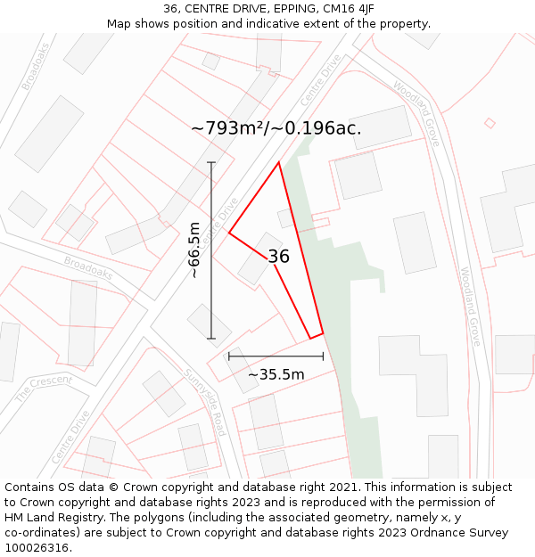 36, CENTRE DRIVE, EPPING, CM16 4JF: Plot and title map