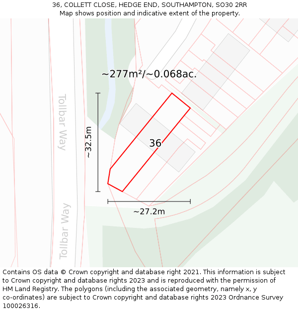 36, COLLETT CLOSE, HEDGE END, SOUTHAMPTON, SO30 2RR: Plot and title map