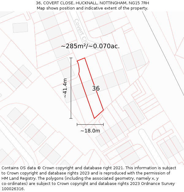 36, COVERT CLOSE, HUCKNALL, NOTTINGHAM, NG15 7RH: Plot and title map