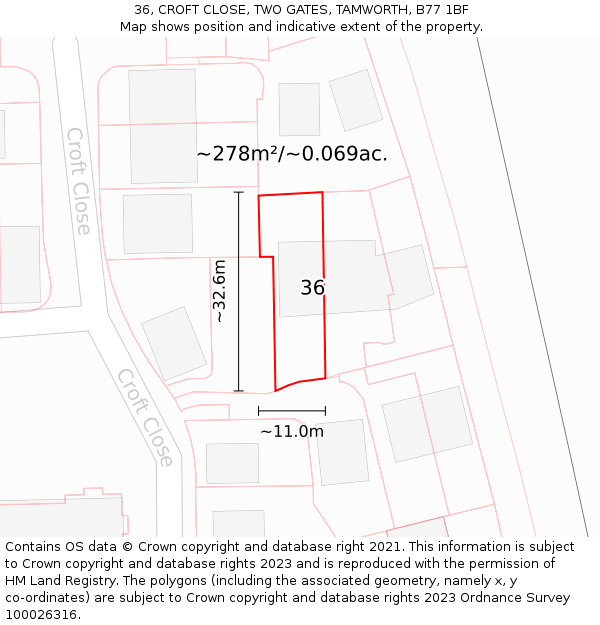 36, CROFT CLOSE, TWO GATES, TAMWORTH, B77 1BF: Plot and title map