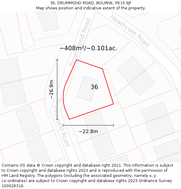 36, DRUMMOND ROAD, BOURNE, PE10 9JF: Plot and title map