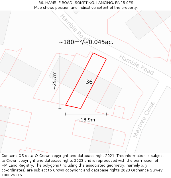 36, HAMBLE ROAD, SOMPTING, LANCING, BN15 0ES: Plot and title map